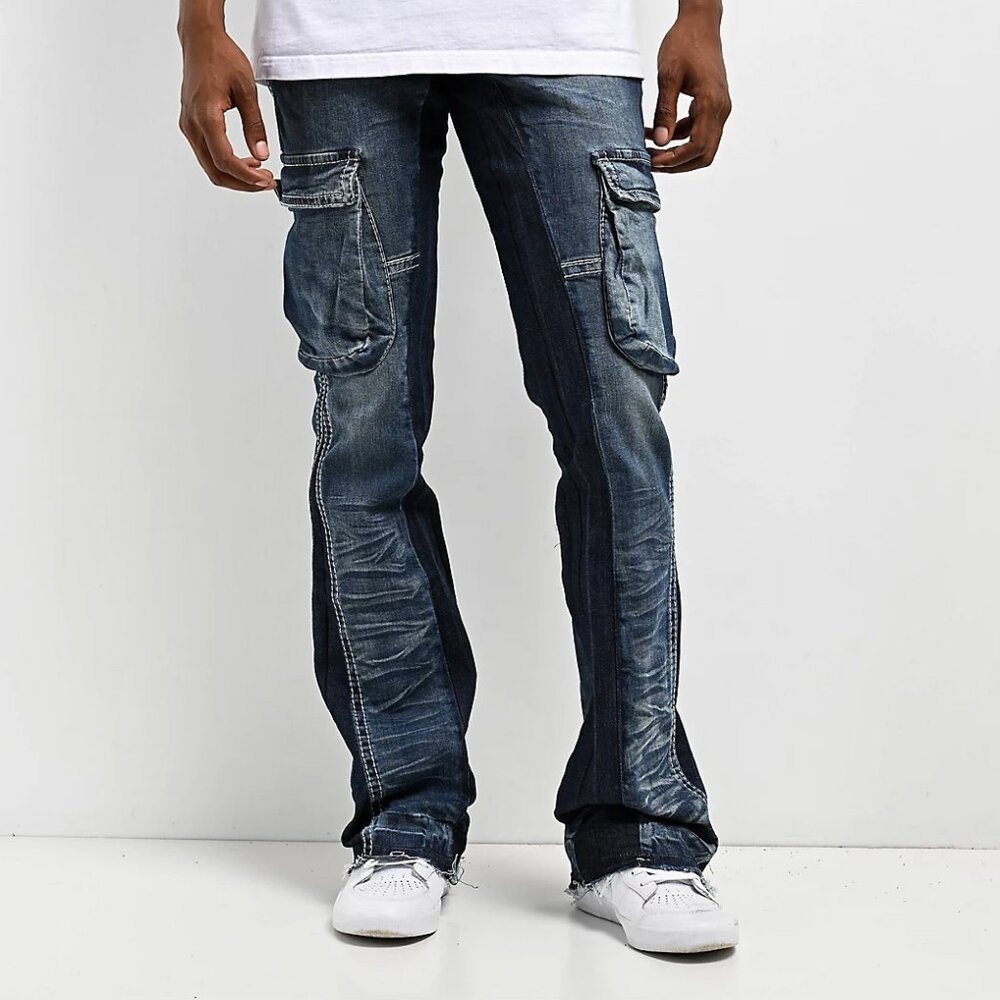 Ninth Hall men 30 Haze cargo stacked flare jeans gorpcore grunge hippie denim